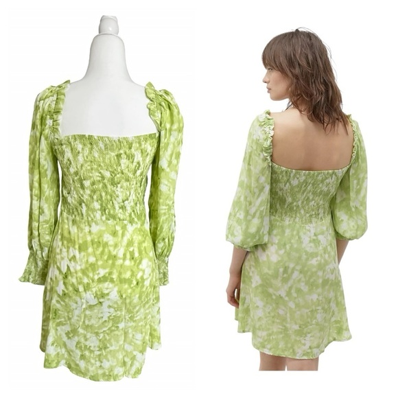 Faithfull The Brand Arianne Green Print Mini Dress Sz 4 Puff Sleeve Smocked Boho - Picture 4 of 12